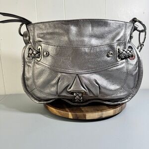 B Makowsky Metallic Silver Pebbled Leather Hobo Shoulder Bag Braided Studded